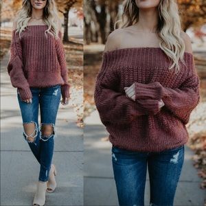 Soft Fuzzy Off Shoulder Sweater In Red Bean